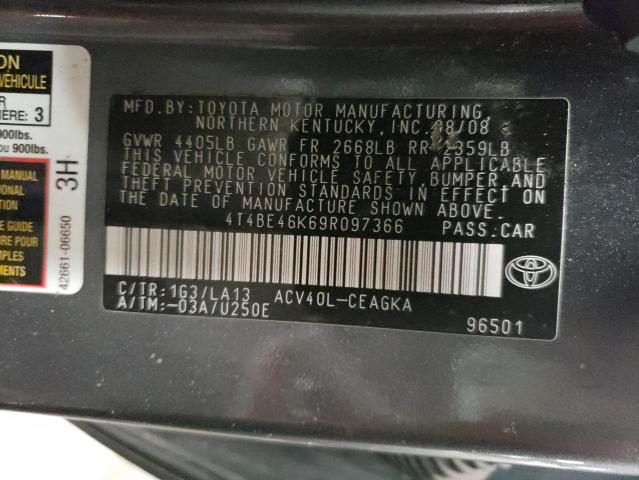 4T4BE46K69R097366 - 2009 TOYOTA CAMRY BASE GRAY photo 12