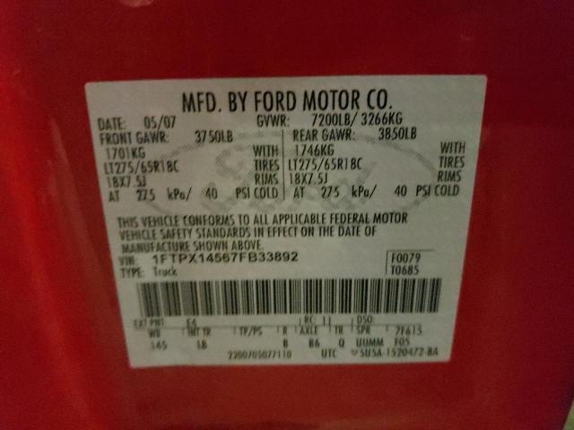 1FTPX14567FB33892 - 2007 FORD F150 RED photo 12