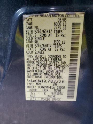 5N1AR18W15C783226 - 2005 NISSAN PATHFINDER LE BLUE photo 12