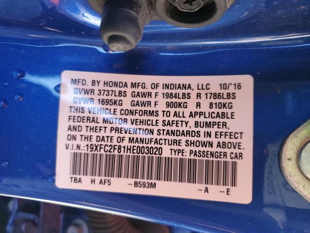 19XFC2F81HE003020 - 2017 HONDA CIVIC EX BLUE photo 12