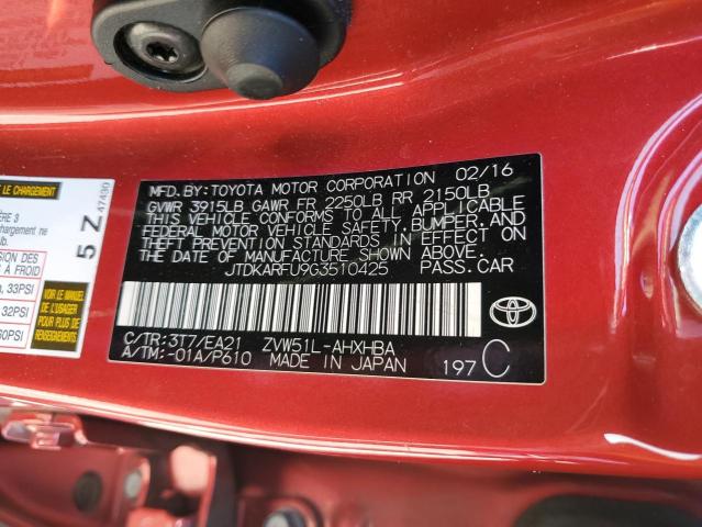 JTDKARFU9G3510425 - 2016 TOYOTA PRIUS RED photo 12