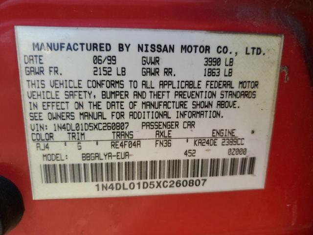 1N4DL01D5XC260807 - 1999 NISSAN ALTIMA XE RED photo 12
