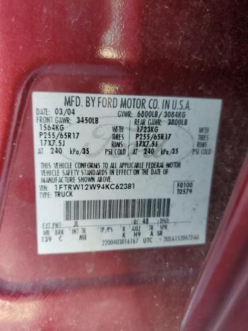 1FTRW12W94KC62381 - 2004 FORD F150 SUPERCREW MAROON photo 12