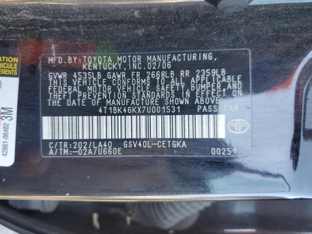 4T1BK46KX7U001531 - 2007 TOYOTA CAMRY LE BLACK photo 12