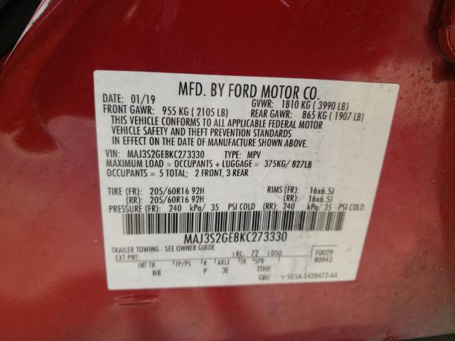 MAJ3S2GE8KC273330 - 2019 FORD ECOSPORT SE RED photo 13