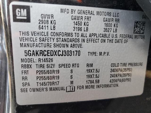 5GAKRCEDXCJ303170 - 2012 BUICK ENCLAVE BLACK photo 12