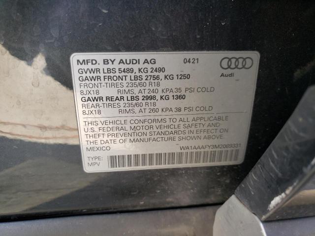 WA1AAAFY3M2089331 - 2021 AUDI Q5 PREMIUM GRAY photo 13