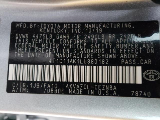 4T1C11AK1LU880182 - 2020 TOYOTA CAMRY LE GRAY photo 12