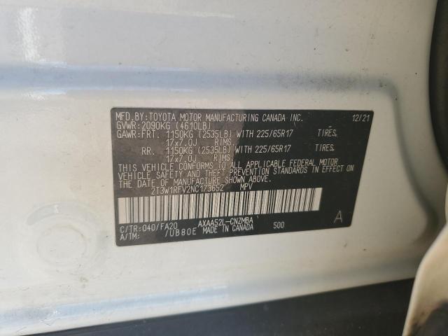 2T3W1RFV2NC173652 - 2022 TOYOTA RAV4 XLE WHITE photo 12