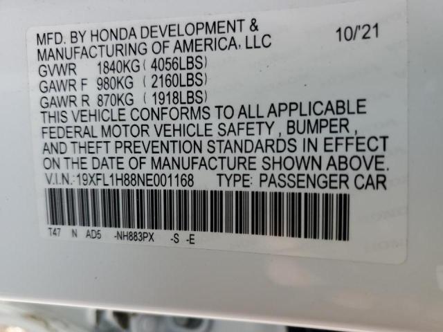 19XFL1H88NE001168 - 2022 HONDA CIVIC SPORT TOURING თეთრი ფოტო 12