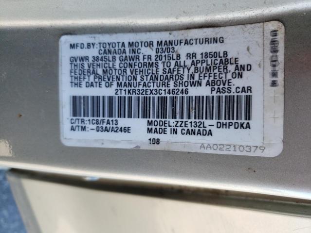 2T1KR32EX3C146246 - 2003 TOYOTA COROLLA MA XR SILVER photo 12