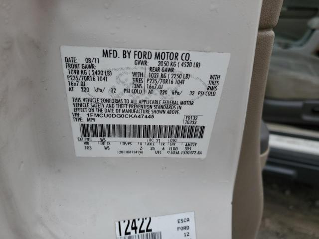 1FMCU0DG0CKA47445 - 2012 FORD ESCAPE XLT WHITE photo 12