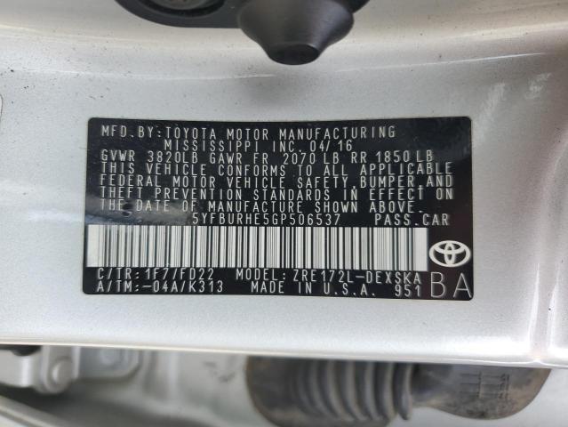 5YFBURHE5GP506537 - 2016 TOYOTA COROLLA L SILVER photo 12