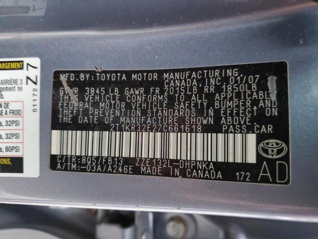 2T1KR32E27C661618 - 2007 TOYOTA COROLLA MA XR BLUE photo 12