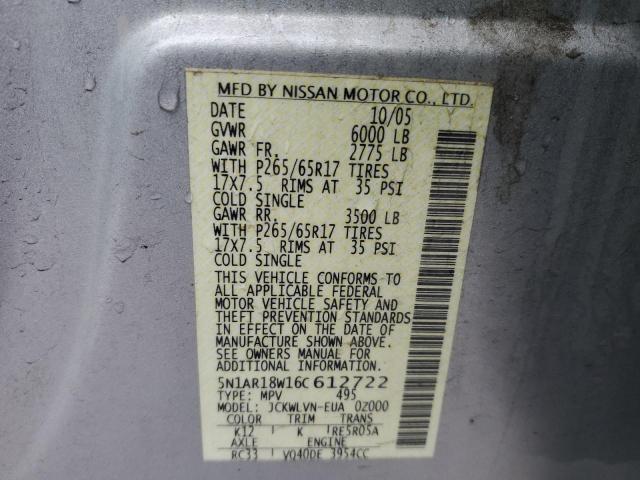 5N1AR18W16C612722 - 2006 NISSAN PATHFINDER LE 银色 照片 13