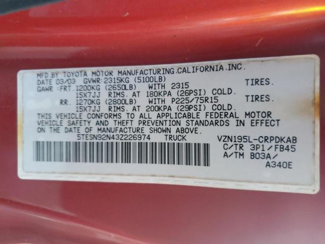 5TESN92N43Z226974 - 2003 TOYOTA TACOMA XTRACAB PRERUNNER მუქწითელი ფოტო 13