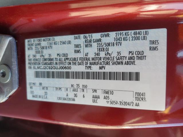 5LMCJ2C92GUJ00600 - 2016 LINCOLN MKC SELECT Czerwony zdjęcie 13