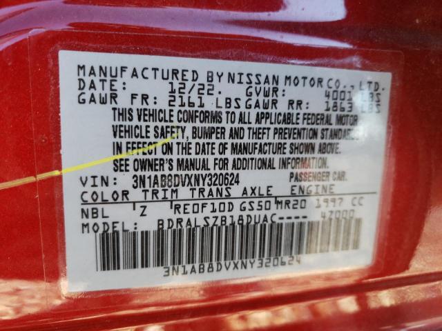 3N1AB8DVXNY320624 - 2022 NISSAN SENTRA SR RED photo 12