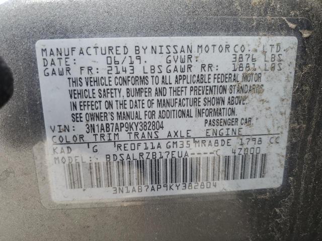 3N1AB7AP9KY382804 - 2019 NISSAN SENTRA S GRAY photo 12