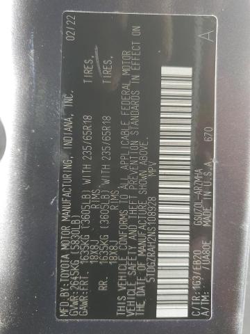 5TDGZRAH2NS108928 - 2022 TOYOTA HIGHLANDER XLE Boz foto 14