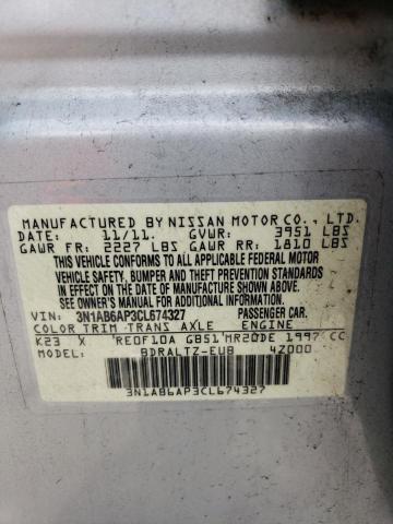 3N1AB6AP3CL674327 - 2012 NISSAN SENTRA 2.0 SILVER photo 12