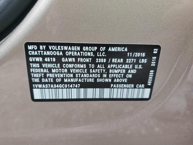 1VWAS7A34GC014747 - 2016 VOLKSWAGEN PASSAT S TAN photo 12