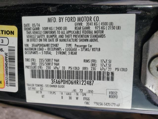 3FA6P0HD6HR122487 - 2017 FORD FUSION SE BLACK photo 12