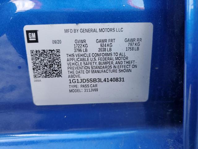 1G1JD5SB3L4140831 - 2020 CHEVROLET SONIC LT BLUE photo 12