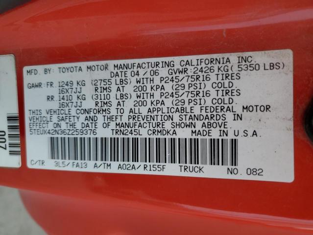 5TEUX42N36Z259376 - 2006 TOYOTA TACOMA ACCESS CAB წითელი ფოტო 12
