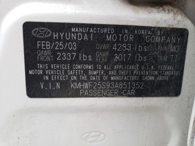 KMHWF25S93A851352 - 2003 HYUNDAI SONATA GL WHITE photo 12