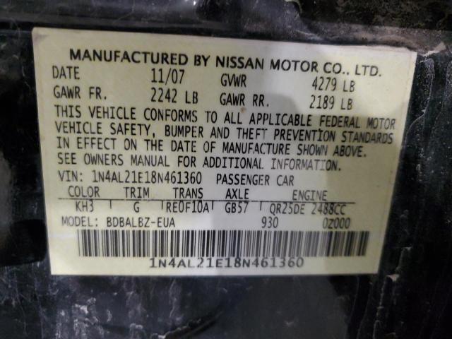 1N4AL21E18N461360 - 2008 NISSAN ALTIMA 2.5 BLACK photo 12