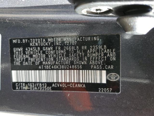 4T1BE46K38U248656 - 2008 TOYOTA CAMRY CE GRAY photo 12