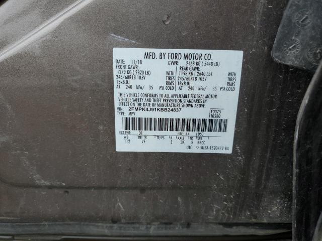 2FMPK4J91KBB24837 - 2019 FORD EDGE SEL GRAY photo 12