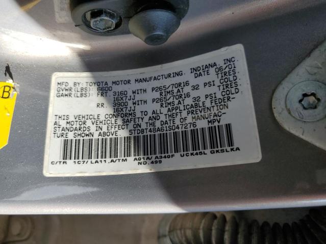 5TDBT48A61S047276 - 2001 TOYOTA SEQUOIA LIMITED GRAY photo 13