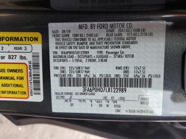 3FA6P0HD7LR122989 - 2020 FORD FUSION SE GRAY photo 12