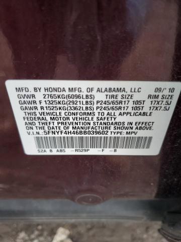 5FNYF4H46BB039602 - 2011 HONDA PILOT EX BURGUNDY photo 13