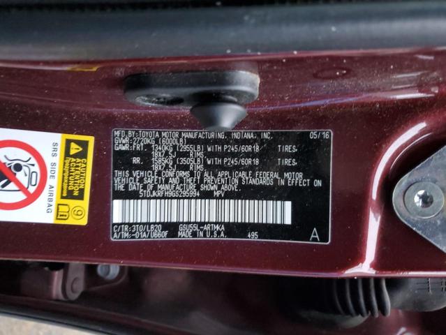 5TDJKRFH9GS295994 - 2016 TOYOTA HIGHLANDER XLE ბურგუნდია ფოტო 13