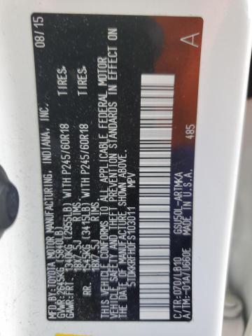 5TDKKRFH0FS103011 - 2015 TOYOTA HIGHLANDER XLE WHITE photo 13