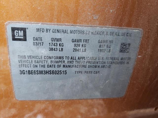 3G1BE6SM3HS602515 - 2017 CHEVROLET CRUZE LT ORANGE photo 12