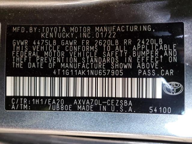 4T1G11AK1NU657905 - 2022 TOYOTA CAMRY SE GRAY photo 12