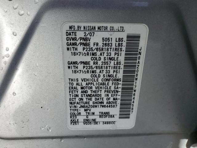 JN8AZ08W17W644587 - 2007 NISSAN MURANO SL SILVER photo 14