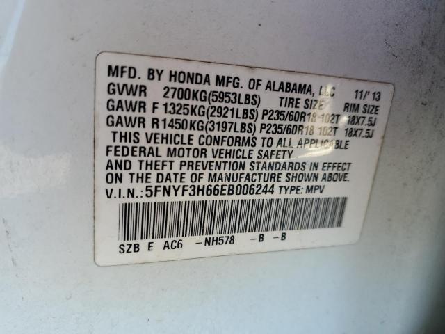 5FNYF3H66EB006244 - 2014 HONDA PILOT EXL WHITE photo 13