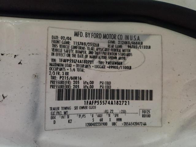 1FAFP55S74A182721 - 2004 FORD TAURUS SES WHITE photo 12