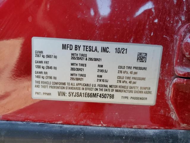 5YJSA1E66MF450798 - 2021 TESLA MODEL S RED photo 12