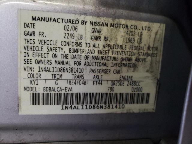 1N4AL11D86N381410 - 2006 NISSAN ALTIMA S SILVER photo 12