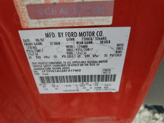 1FTPW14V28FA17402 - 2008 FORD F150 SUPERCREW RED photo 12