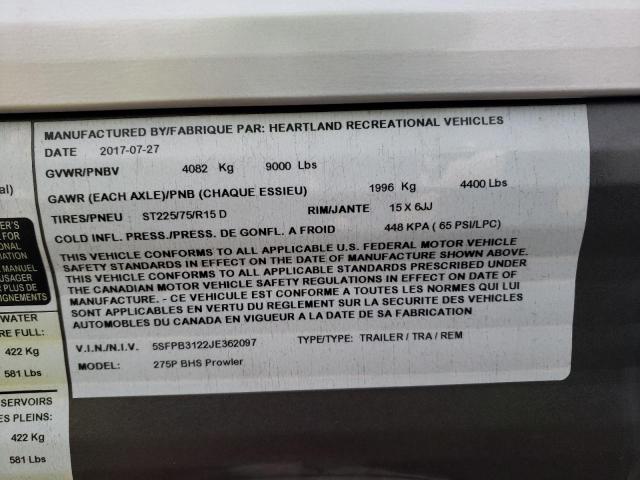 5SFPB3122JE362097 - 2018 HEART LAND PROWLER 白色 照片 10