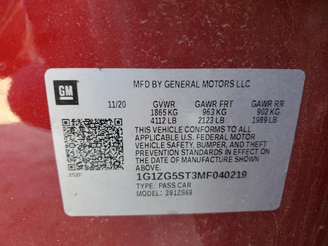 1G1ZG5ST3MF040219 - 2021 CHEVROLET MALIBU RS წითელი ფოტო 12