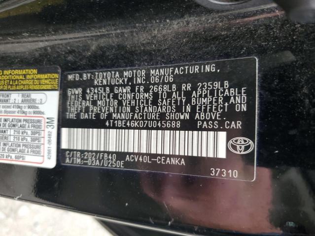 4T1BE46K07U045688 - 2007 TOYOTA CAMRY CE BLACK photo 12