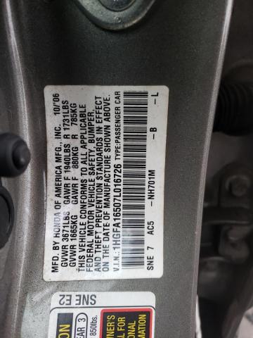 1HGFA16507L016726 - 2007 HONDA CIVIC LX GRAY photo 12